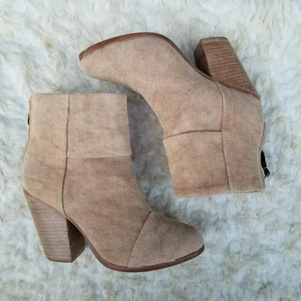 Rag & Bone Newbury Ankle Boot Size 7.5 Rear Zip Tan Canvas High Heeled Bootie